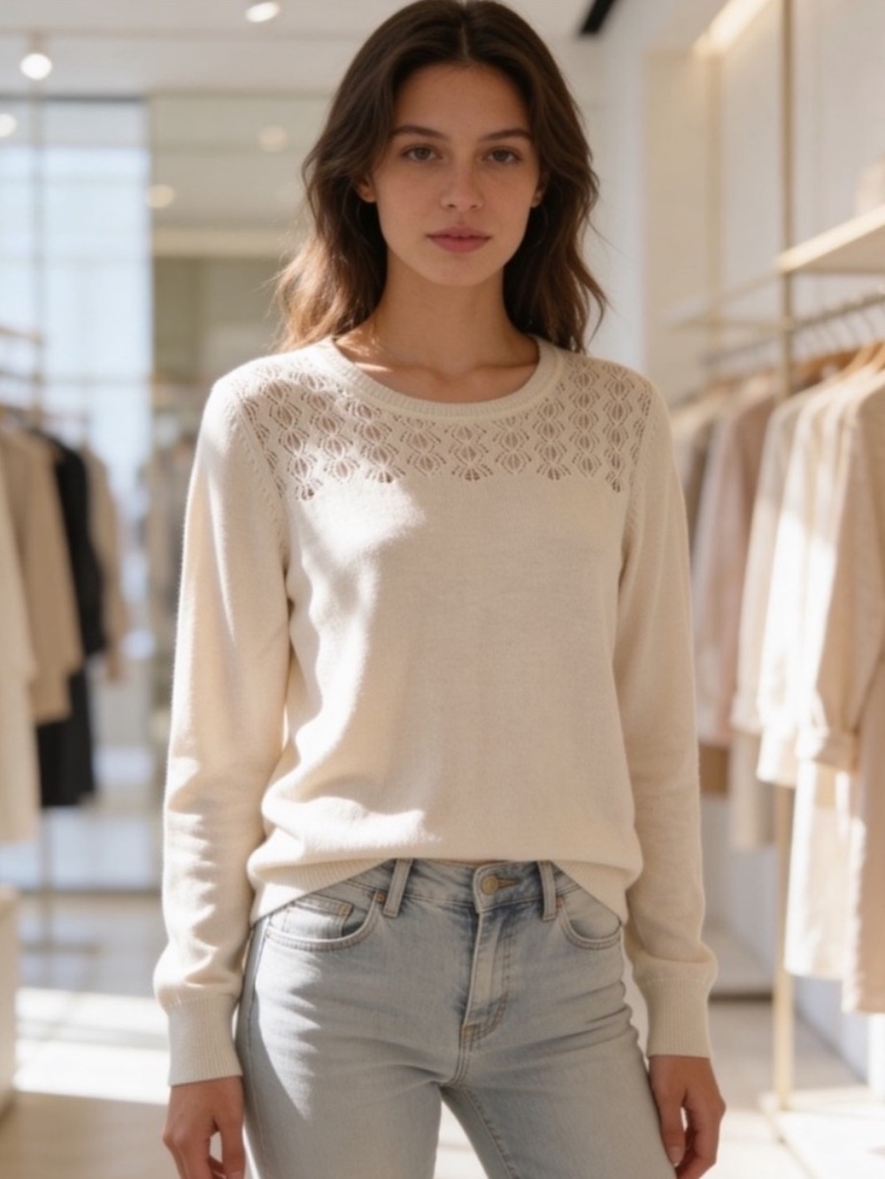 Banana Republic Cream Eyelet Crewneck Sweater Small Cotton Blend
